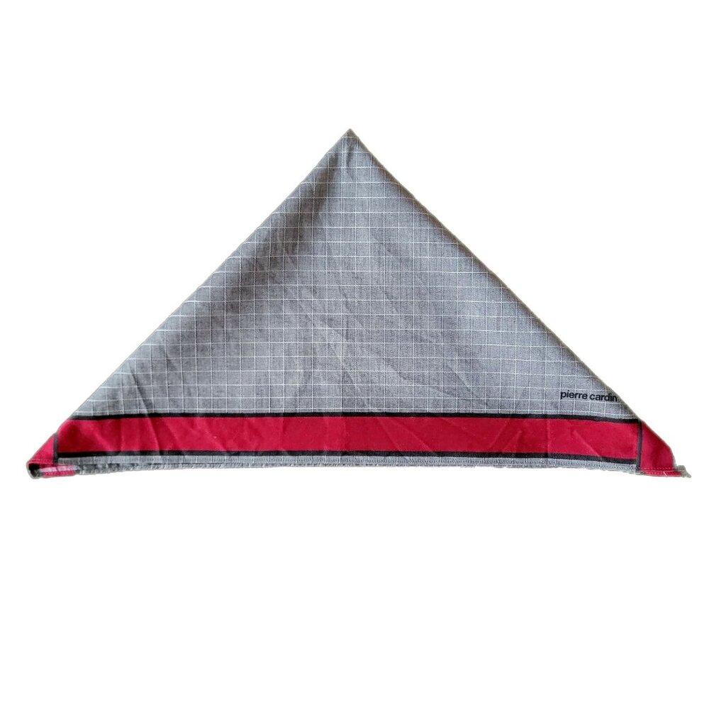 Pierre Cardin Cotton Handkerchief Pocket Square Grey Check Red Border 18"